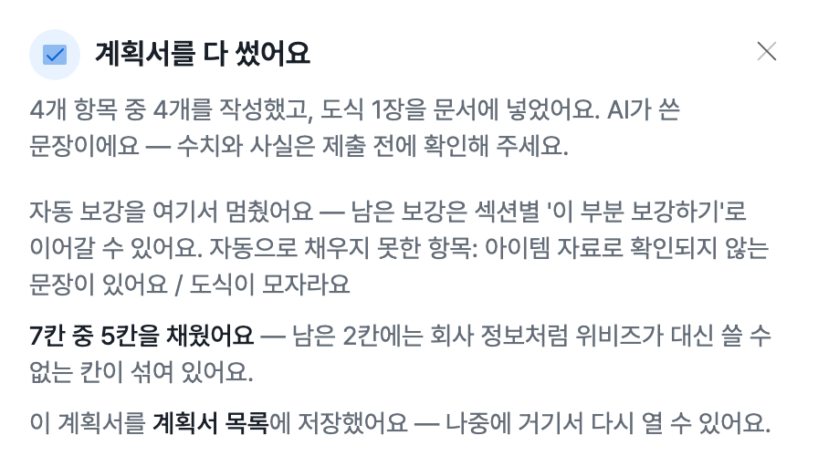 계획서를 다 썼어요 창으로 4개 항목 중 4개를 작성했고 도식 1장을 문서에 넣었다는 안내와 자동 보강을 멈췄다는 안내, 7칸 중 5칸을 채웠다는 안내, 계획서 목록에 저장했다는 안내가 있는 화면