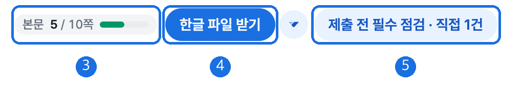 편집 화면 위쪽 막대의 오른쪽을 확대한 그림으로 본문 5쪽 중 10쪽 한도 표시와 한글 파일 받기 버튼과 제출 전 필수 점검 직접 1건 버튼 아래에 번호 3 4 5 표시가 달린 화면